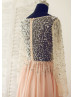 Peach Pink Chiffon Beading Sheer Prom Dress